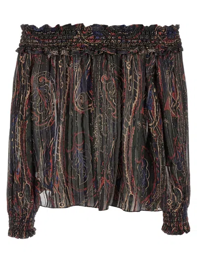 Saint Laurent Smocked Off-the-shoulder Blouse Ruffled Neckline In Brown