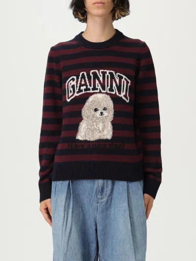 Ganni Graphic Wool Mix Poodle Stripe Crewneck Knitwear Multicolor In Brown