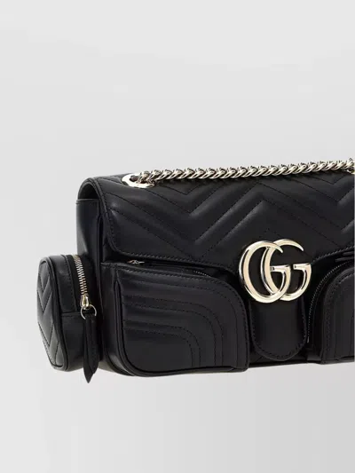 Gucci Small Shoulder Bag With Chain Strap And Chevron Pattern In Black