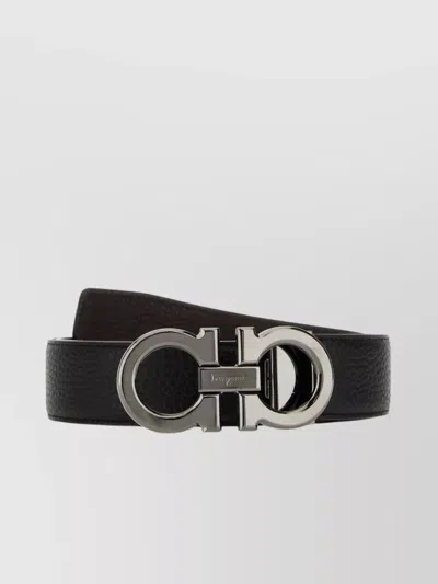 Ferragamo Textured Calf Leather Belt With Interlocking Metallic Buckle In Black