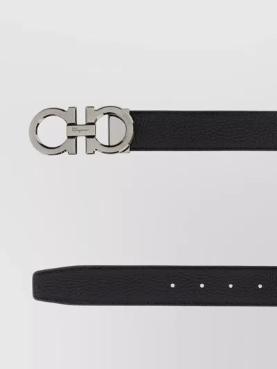 Ferragamo Textured Calf Leather Belt With Interlocking Metallic Buckle In Black