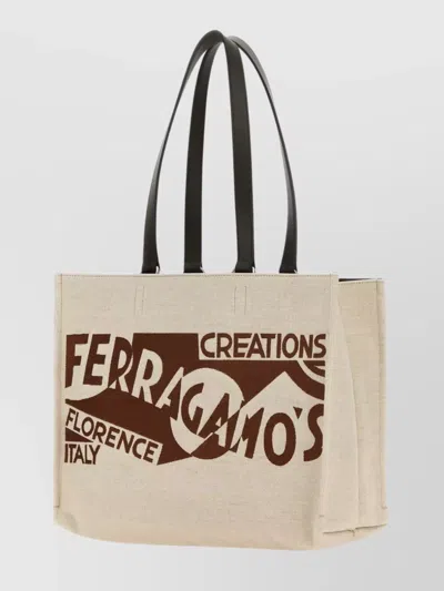 Ferragamo Canvas Shopping Bag Leather Handles