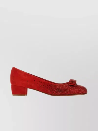 Ferragamo Red Suede Crystal Embellished Vara Bow Block Heel Pumps