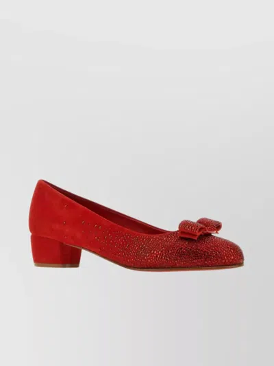Ferragamo Red Suede Crystal Embellished Vara Bow Block Heel Pumps