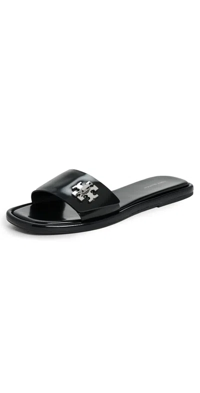 Tory Burch Turnlock Logo Leather Slides In Black