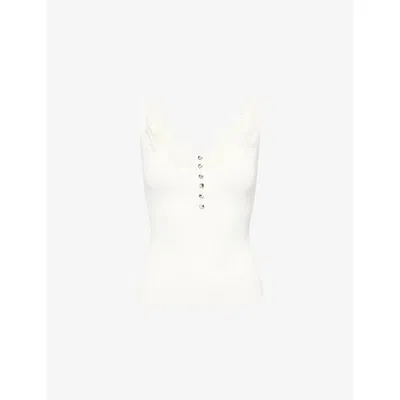 Self-portrait Lace Trim Rib Knit Viscose Blend Top In White