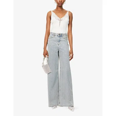 Self-portrait Lace Trim Rib Knit Viscose Blend Top In White