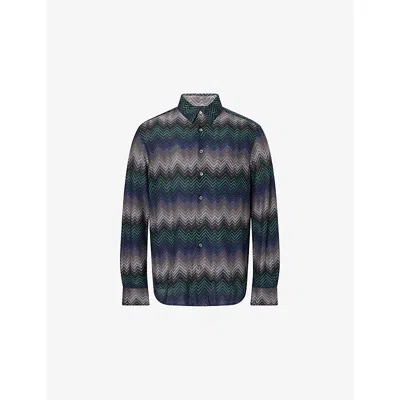 Missoni Mens Chevron Relaxed-fit Cotton-blend Shirt Blue And Green Tones
