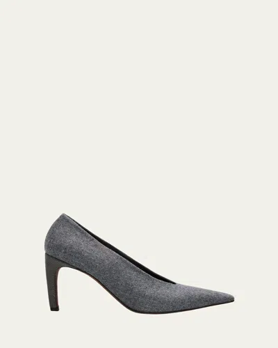Brunello Cucinelli Water-resistant Virgin Wool Flannel Heels With Precious Details In Black
