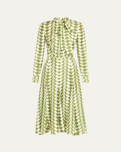 Oscar De La Renta Belted Pussy-bow Printed Silk-twill Midi Shirt Dress In Green