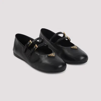 Prada Leather Ballerina Shoes In Black