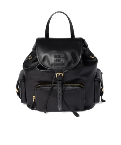 Miu Miu Leather Backpack With Front And Side Pockets