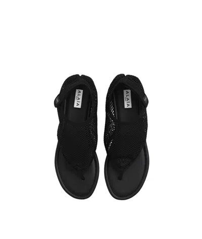 Alaïa Black Fishnet Fabric Thing Sandals In Black