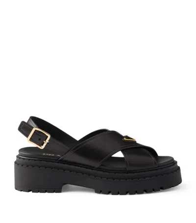 Prada Leather Crossover Platform Sandals 55 In Black