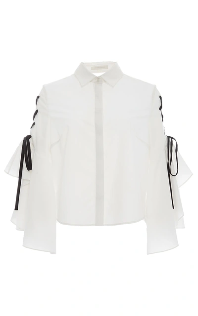 Jonathan Simkhai Lace-up Bell-sleeve Poplin Shirt, White/black, Black/white