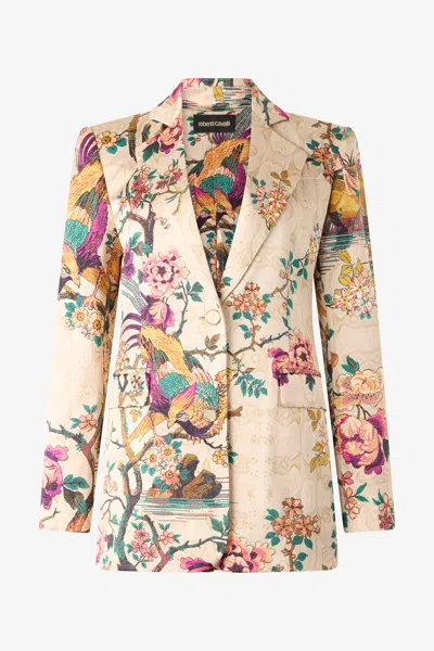 Roberto Cavalli Silk Jacket With Flower And Pheasant Print In Multi