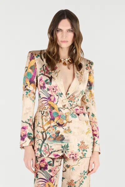 Roberto Cavalli Silk Jacket With Flower And Pheasant Print In Multi