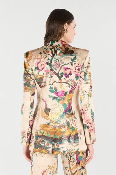 Roberto Cavalli Silk Jacket With Flower And Pheasant Print In Multi