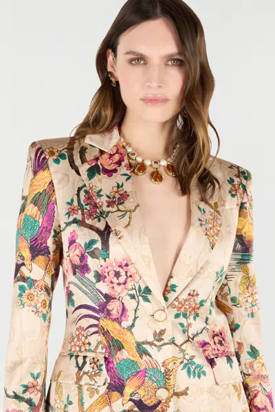 Roberto Cavalli Silk Jacket With Flower And Pheasant Print In Multi