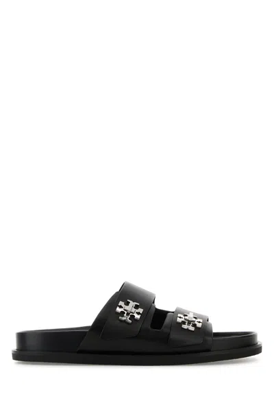 Tory Burch Double Strap Leather Flat Sandals In Black