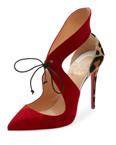 Christian Louboutin Ferme Rouge 85 Suede & Leopard-print Calf Hair Pumps In Red