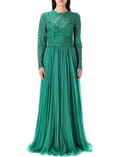 Dolce & Gabbana Long Chiffon And Lace Dress In Green