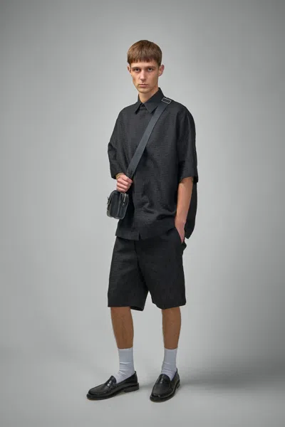 Fendi Men Black Oversize Shirt With Short Wide Sleeves And All-over Ff Embroidery In Linen Blend Man In Black