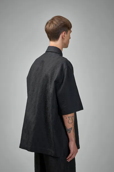 Fendi Men Black Oversize Shirt With Short Wide Sleeves And All-over Ff Embroidery In Linen Blend Man In Black