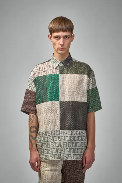 Fendi Men Linen Shirt With All-over Ff Print In Multi
