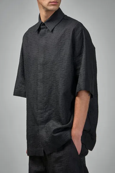 Fendi Men Black Oversize Shirt With Short Wide Sleeves And All-over Ff Embroidery In Linen Blend Man In Black