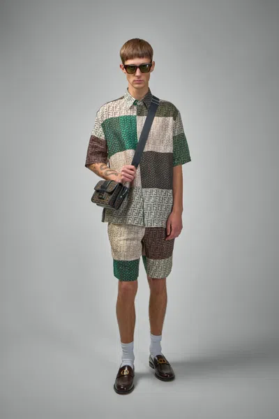 Fendi Men Linen Shirt With All-over Ff Print In Multi