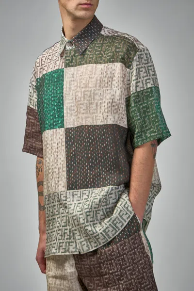 Fendi Men Linen Shirt With All-over Ff Print In Multi