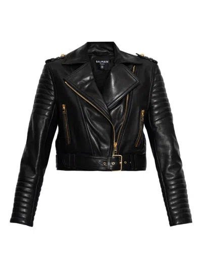 Balmain Cropped Leather Biker Jacket In Black