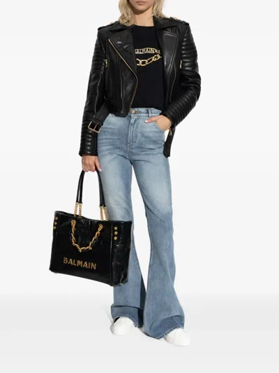 Balmain Cropped Leather Biker Jacket In Black