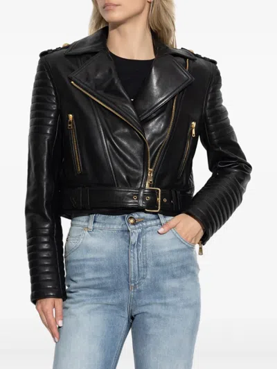 Balmain Cropped Leather Biker Jacket In Black