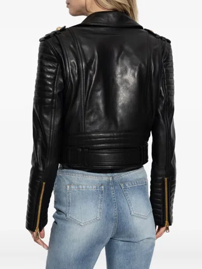 Balmain Cropped Leather Biker Jacket In Black