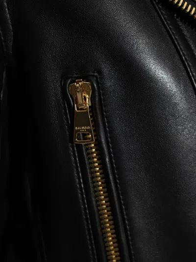 Balmain Cropped Leather Biker Jacket In Black