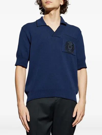 Balmain Emblem Embroidered Polo Knit T-shirt In Blue