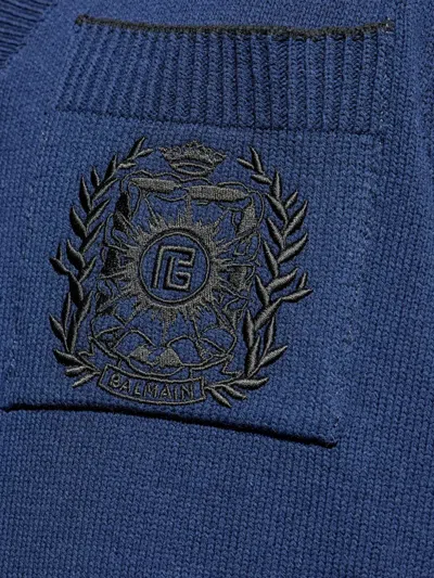 Balmain Emblem Embroidered Polo Knit T-shirt In Blue