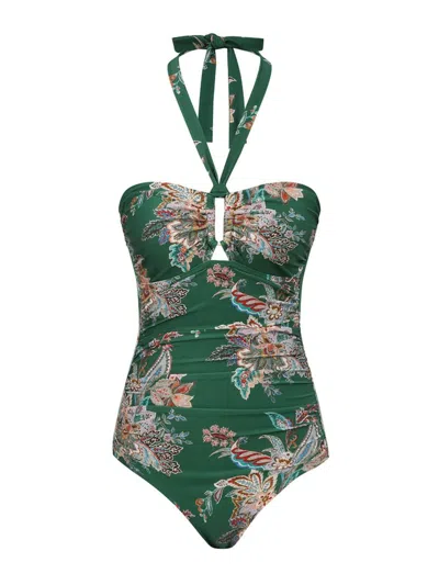 Zimmermann Rhiannon Wide Link Floral One-piece Swimsuit In Green