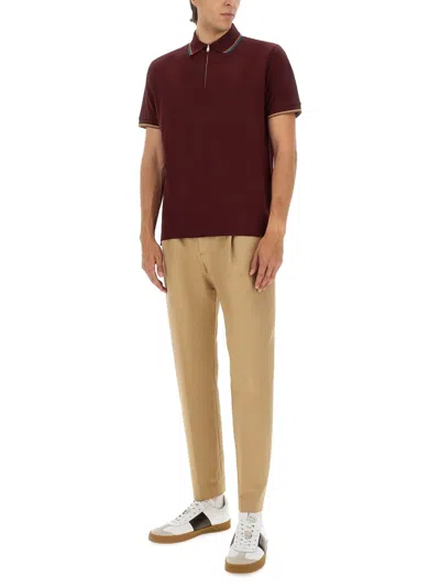 Paul Smith Zip Polo Ribbed Cuffs In Brown