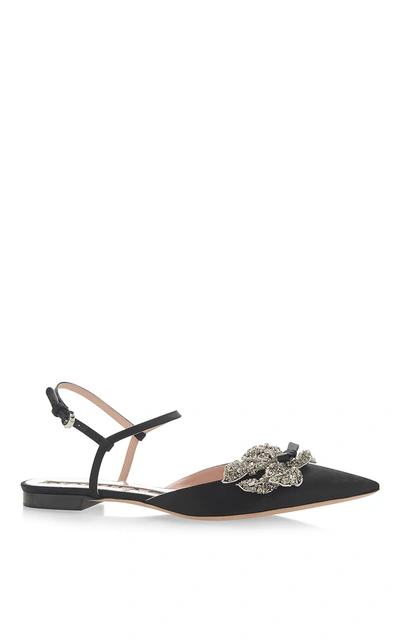 Rochas 10mm Jeweled Satin Pointed Flats, Black