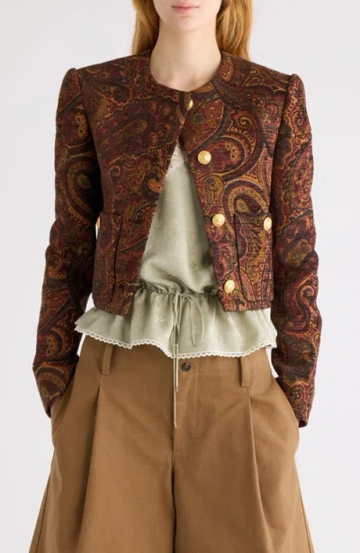 Chloé Boxy Collarless Jacket In Tapestry Jacquard In Brown