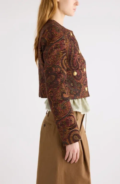 Chloé Boxy Collarless Jacket In Tapestry Jacquard In Brown