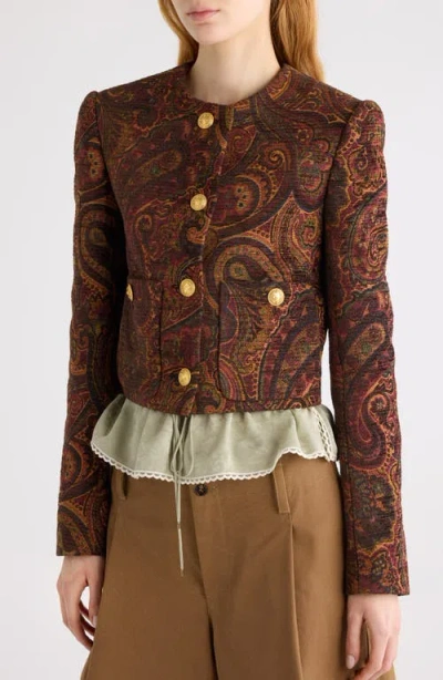 Chloé Boxy Collarless Jacket In Tapestry Jacquard In Brown
