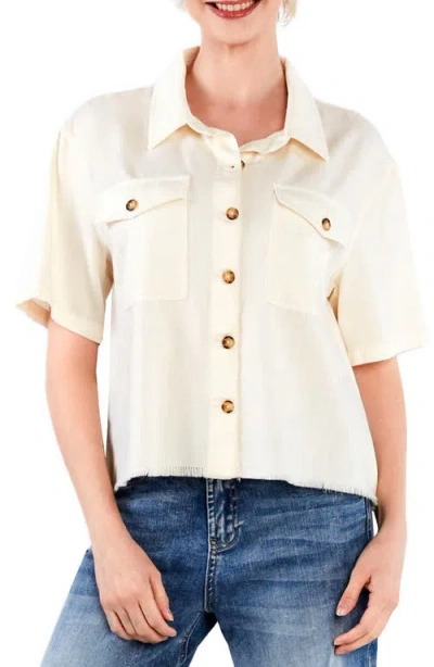 Hint Of Blu Emily Frayed Short Sleeve Denim Button-up Shirt In White
