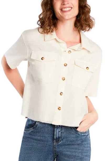 Hint Of Blu Emily Frayed Short Sleeve Denim Button-up Shirt In White