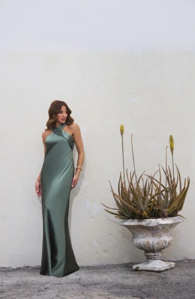 Xscape Evenings Halter Neck Satin Trumpet Gown In Green