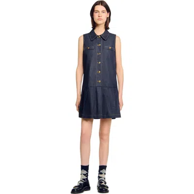 Sandro Button Front Mini Denim Dress In Blue