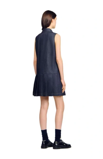 Sandro Button Front Mini Denim Dress In Blue
